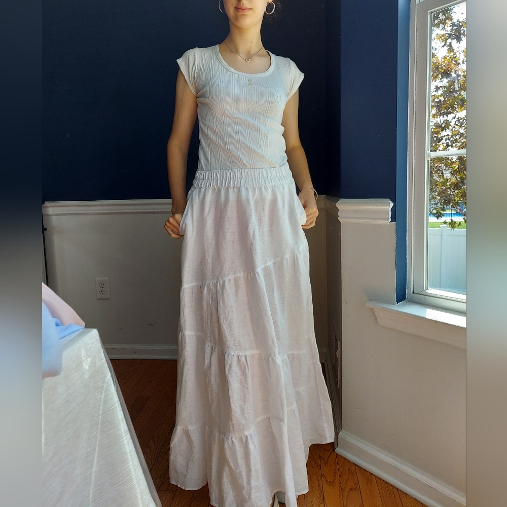 Womens tiered white linen maxi skirt
